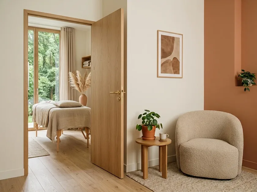 Entrée du cabinet : une porte ouverte sur la salle de soin, avec sa table de massage face à un jardin