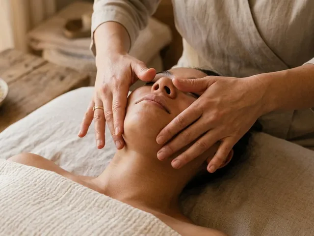 Praticienne réalisant un massage Kobido du visage sur une femme allongée, les yeux fermés