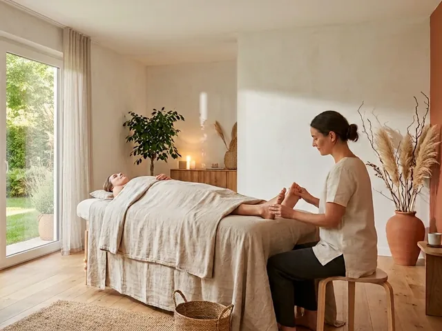 Praticienne réalisant un soin des pieds sur une femme allongée, dans un cabinet lumineux ouvert sur un jardin