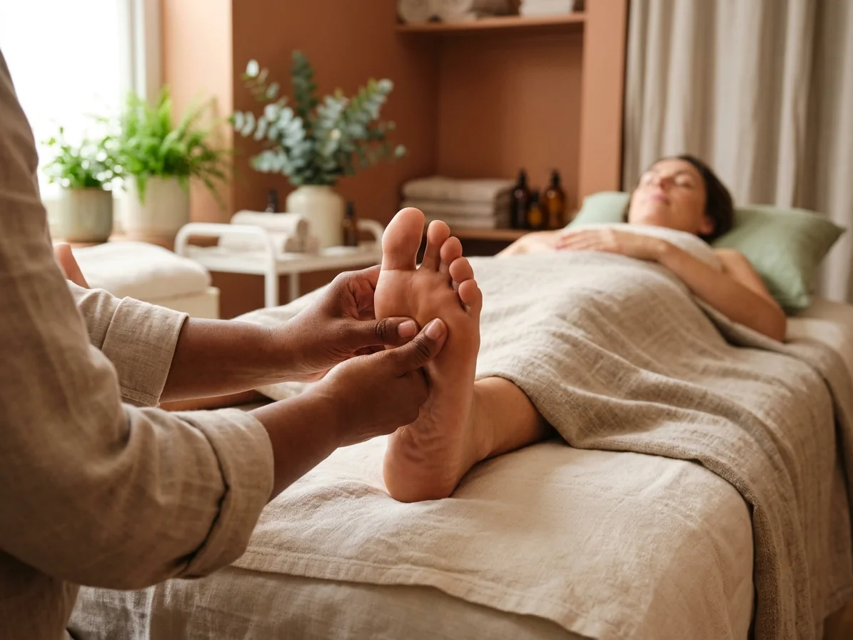 Praticienne réalisant une réflexologie plantaire sur une cliente allongée et détendue