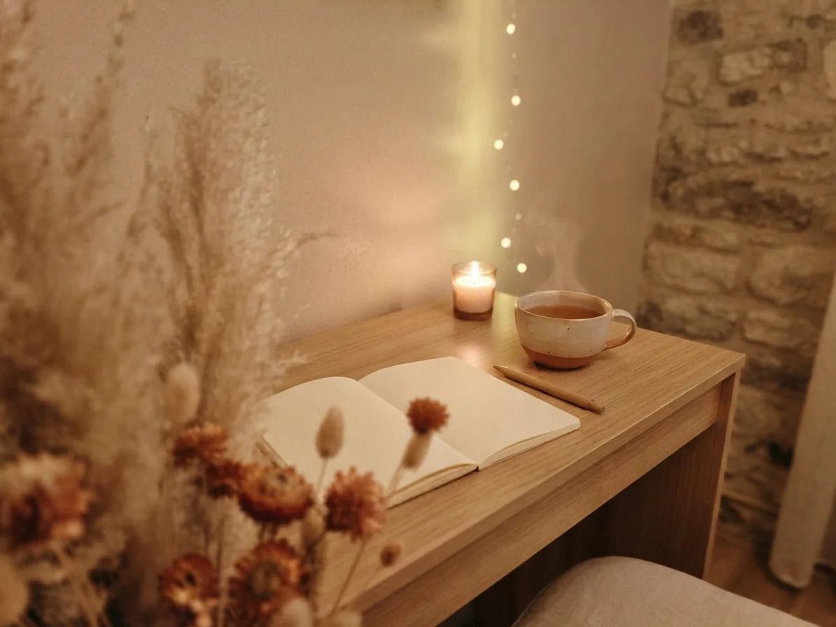 Coin bureau avec carnet, tisane et bougie
