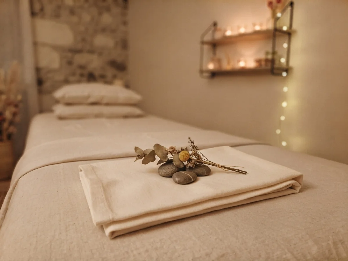 Serviette en lin pliée avec galets et bouquet d'eucalyptus sur la table de soin