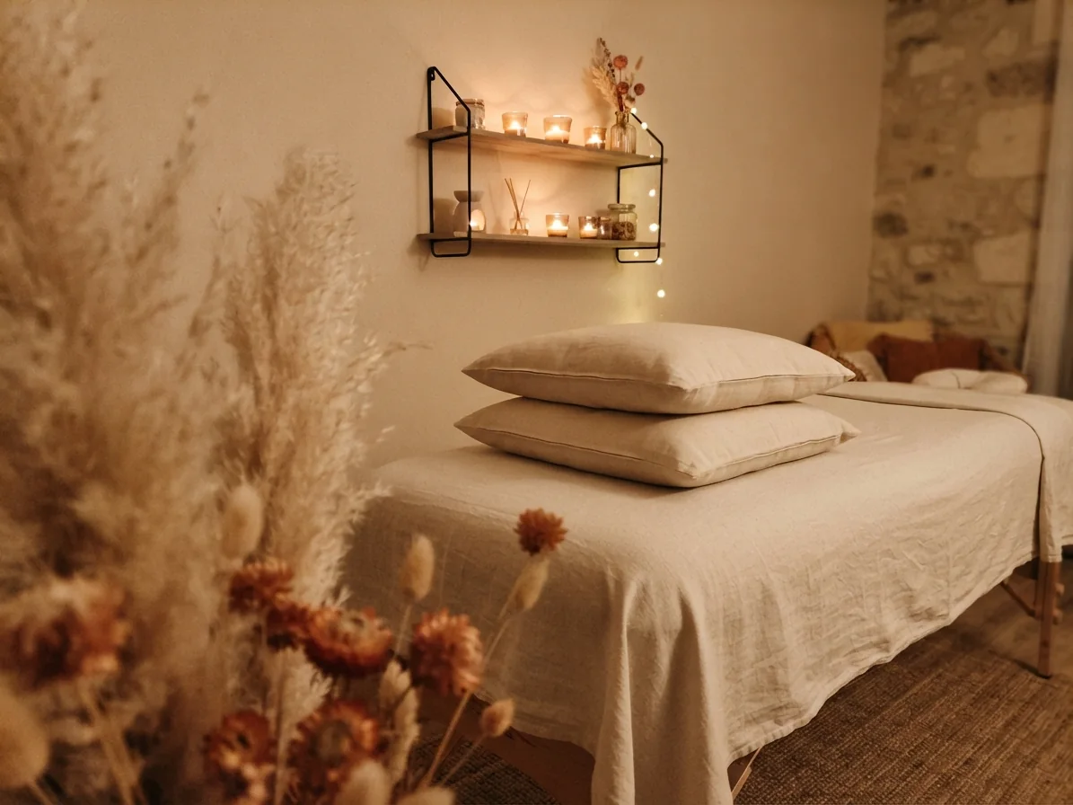 Table de massage avec coussins en lin dans le cabinet, lumière de bougies