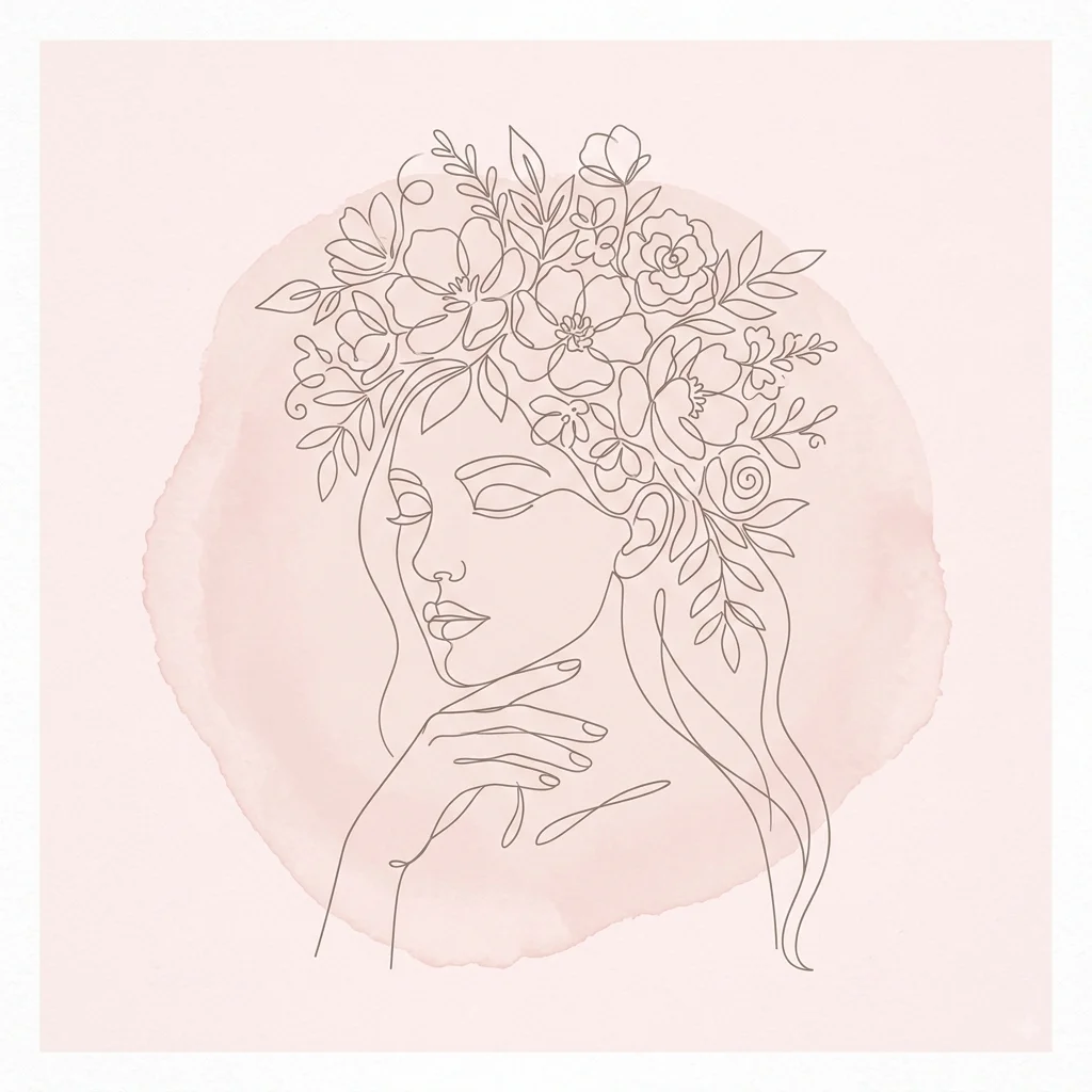 Illustration line-art d'une femme avec une couronne de fleurs