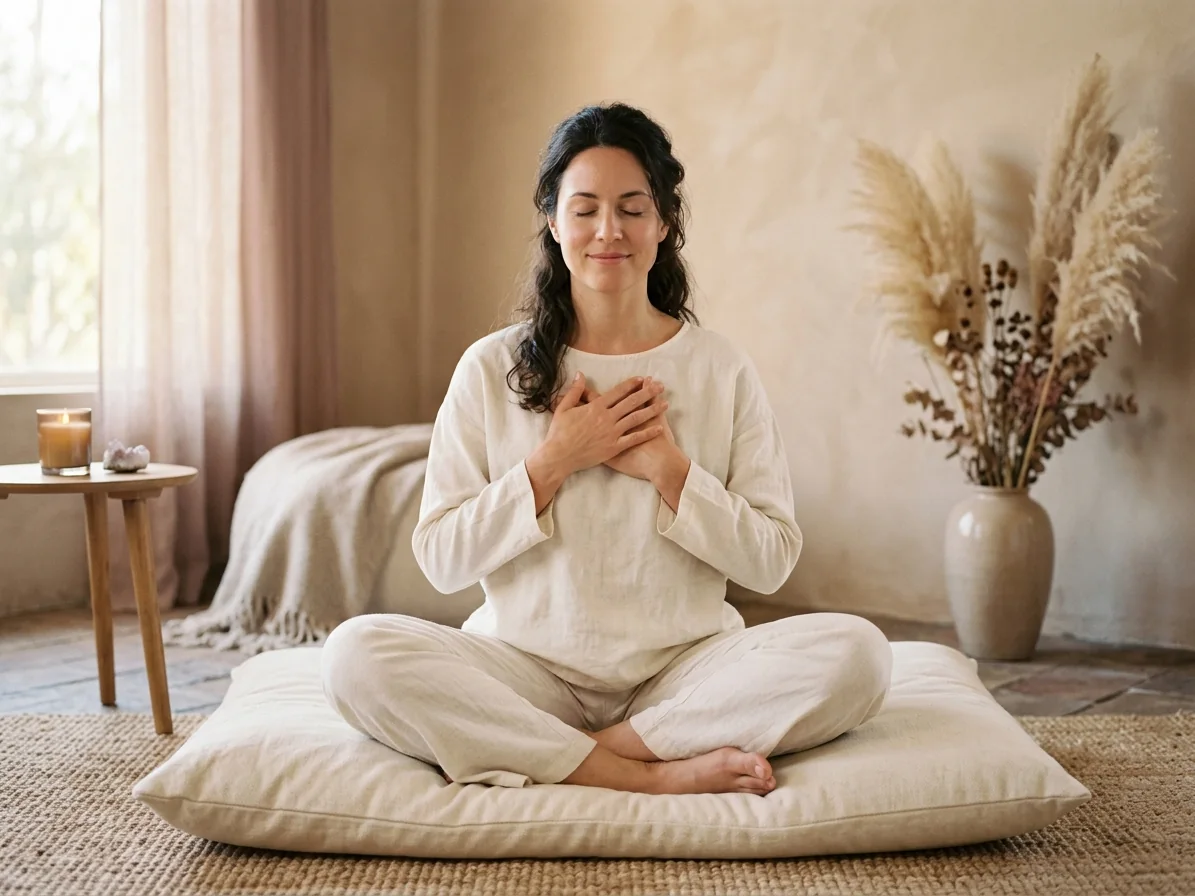 Femme assise en tailleur sur un coussin, les mains sur le cœur, dans un salon apaisant