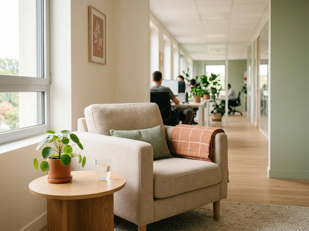 Coin détente avec fauteuil et plante dans un bureau lumineux, collègues en arrière-plan