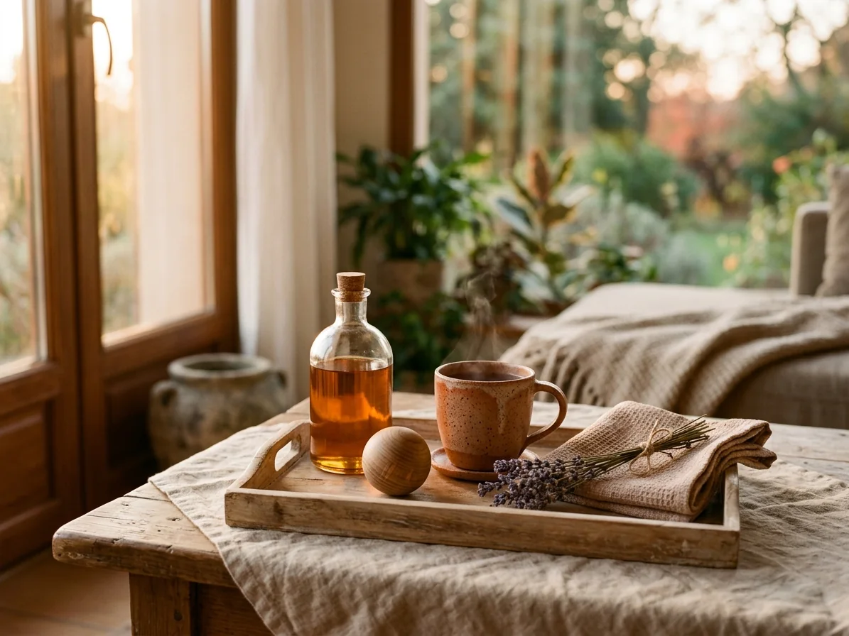 Plateau en bois avec huile de massage, tisane, balle de massage et lavande près d'une fenêtre