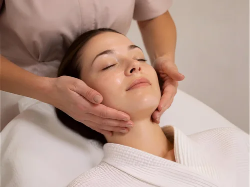 Gros plan sur le visage d'une cliente aux yeux fermés, entre les mains de la praticienne, lors d'un massage Kobido